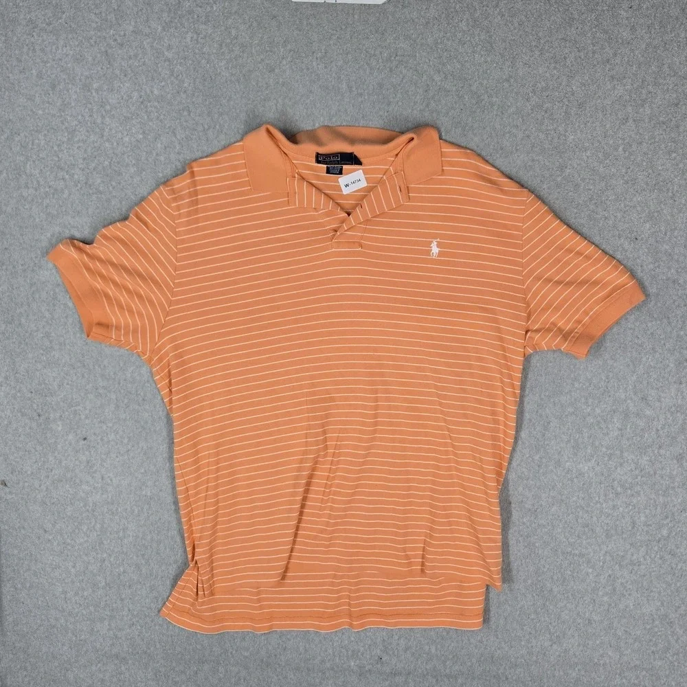 VINTAGE Polo Ralph Lauren Men Polo XL Orange Striped Logo Embroidered Collar